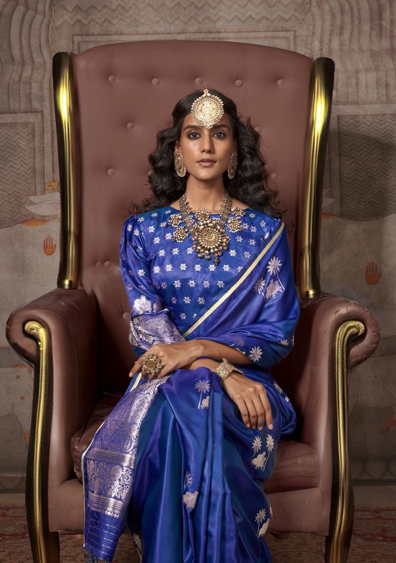 Blue Zari Work Satin Saree Set