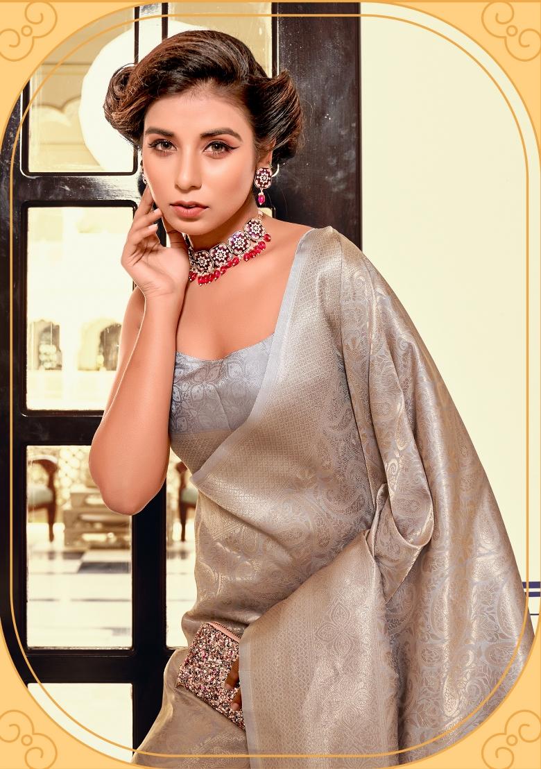 Grey Zari Work Georgette Saree Set