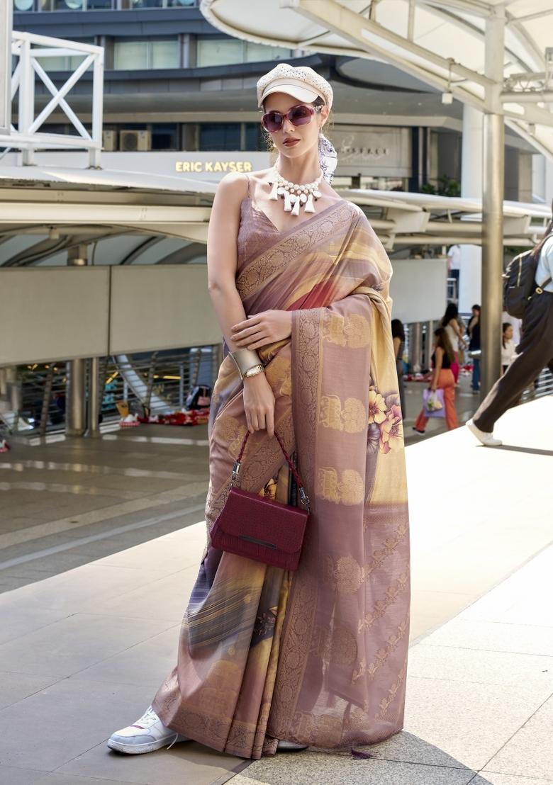 Brown Printed Silk Saree Set