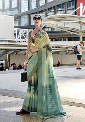 Sea Green Printed Silk Saree Set