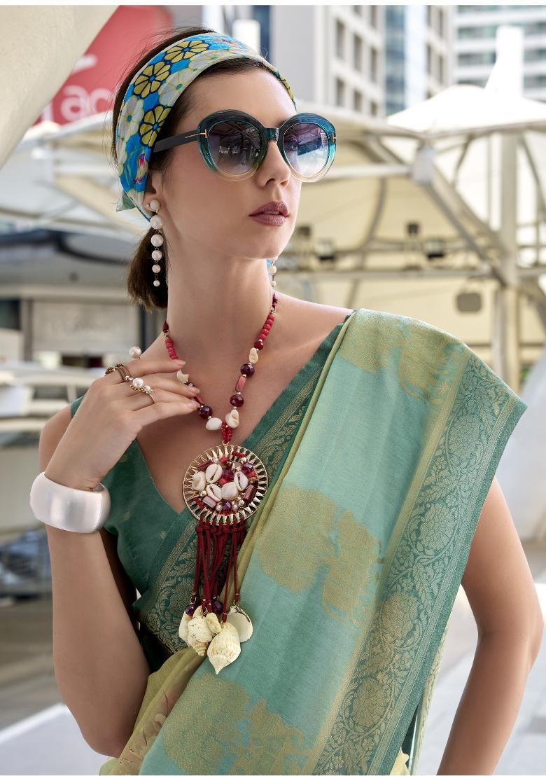 Sea Green Printed Silk Saree Set