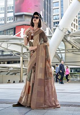 Coffee Brown Printed Silk Saree Set
