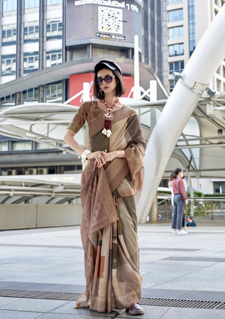 Coffee Brown Printed Silk Saree Set
