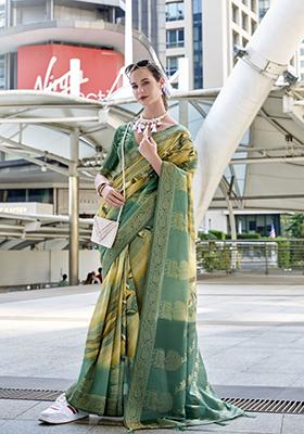 Green Printed Silk Saree Set