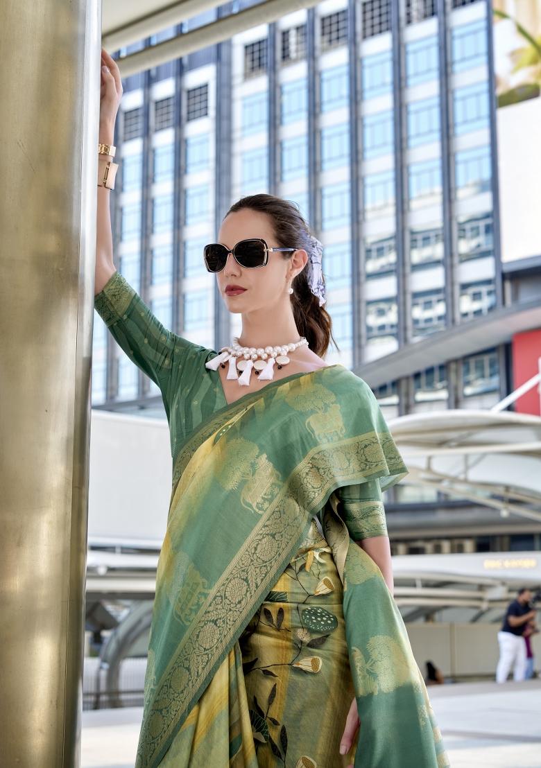 Green Printed Silk Saree Set