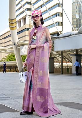 Pink Printed Silk Saree Set