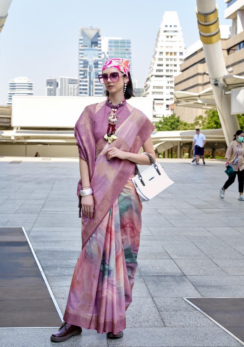 Pink Printed Silk Saree Set