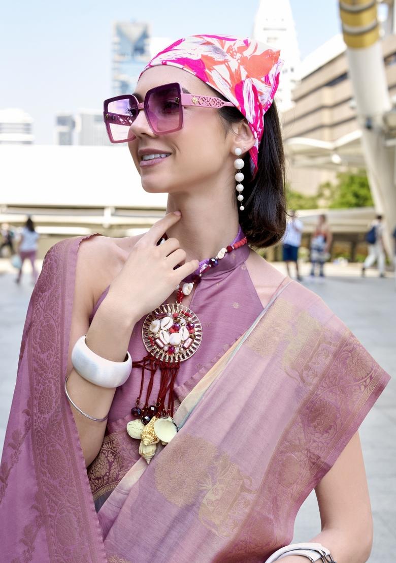 Pink Printed Silk Saree Set