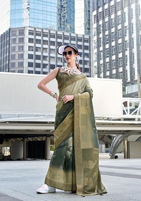 Olive Green Printed Silk Saree Set