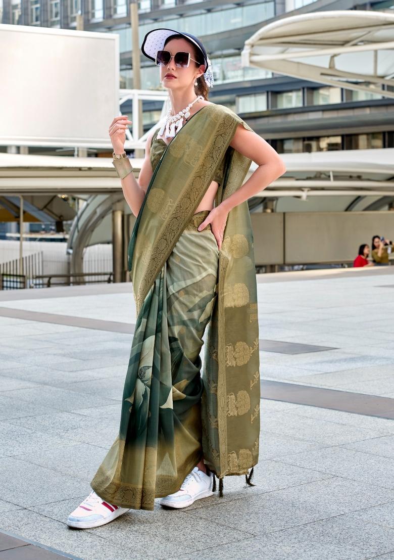 Olive Green Printed Silk Saree Set