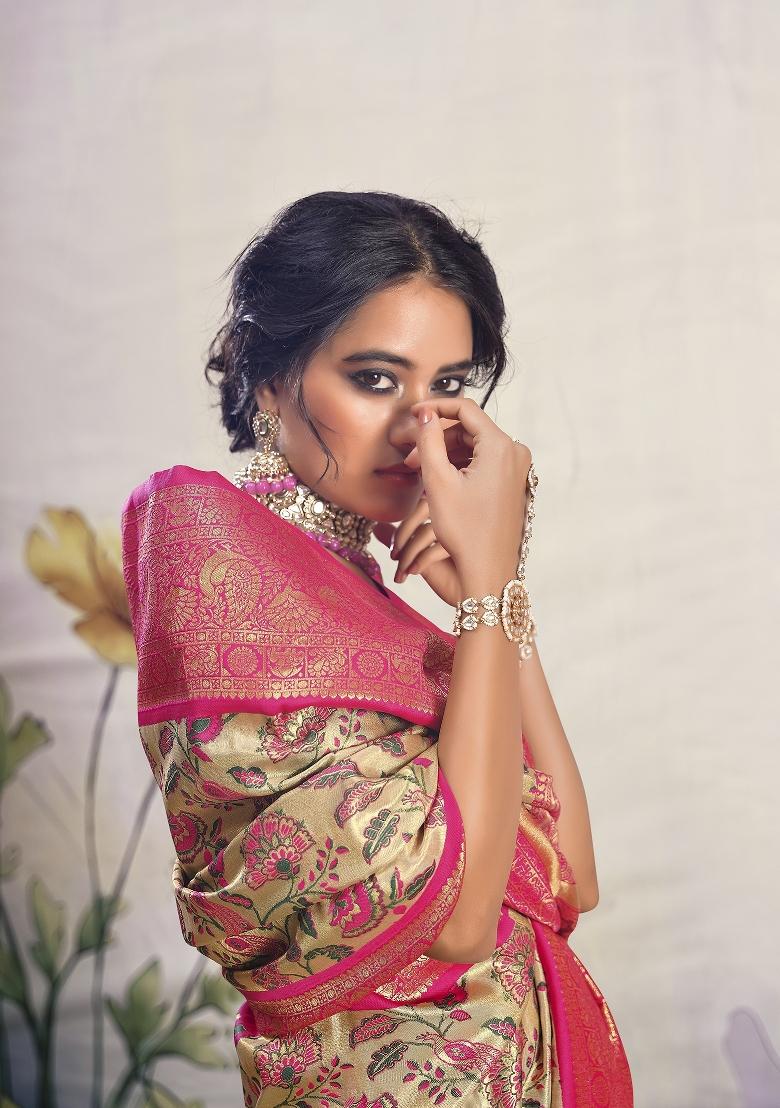 Pink Zari Work Silk Saree Set