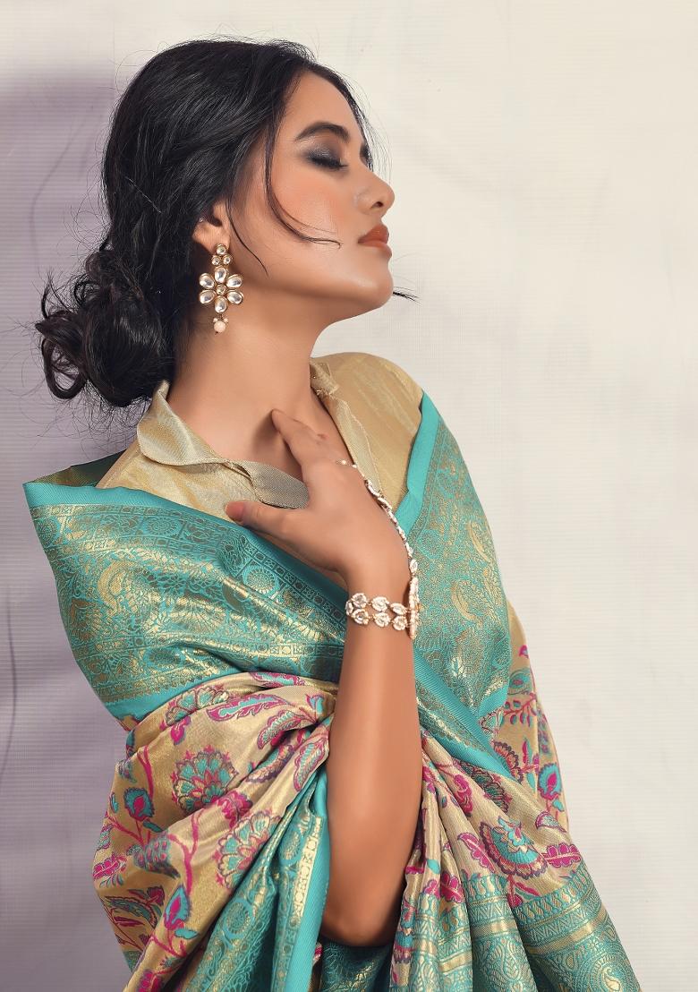 Sea Green Zari Work Silk Saree Set