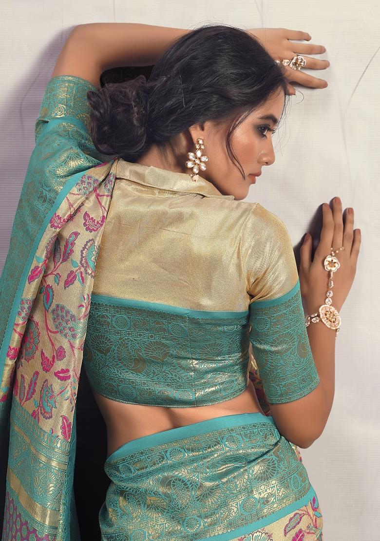 Sea Green Zari Work Silk Saree Set