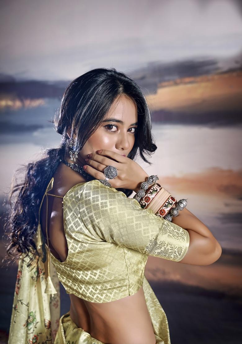 Yellow Digital Print Satin Saree Set