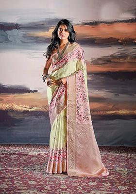 Pink Digital Print Satin Saree Set
