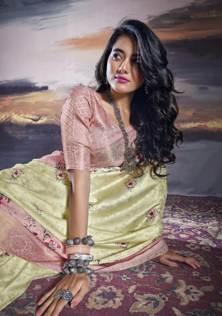 Pink Digital Print Satin Saree Set