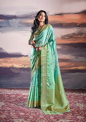 Sea Green Digital Print Satin Saree Set