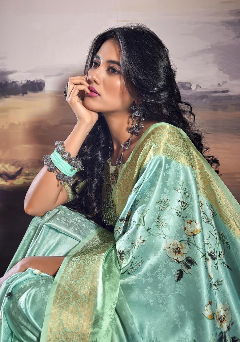 Sea Green Digital Print Satin Saree Set