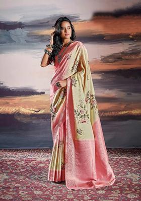 Pink Digital Print Satin Saree Set