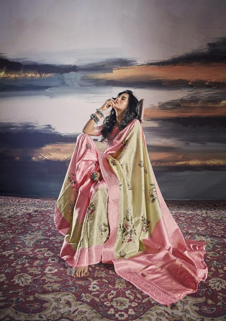 Pink Digital Print Satin Saree Set
