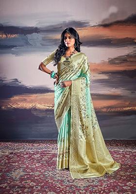 Sea Green Digital Print Satin Saree Set