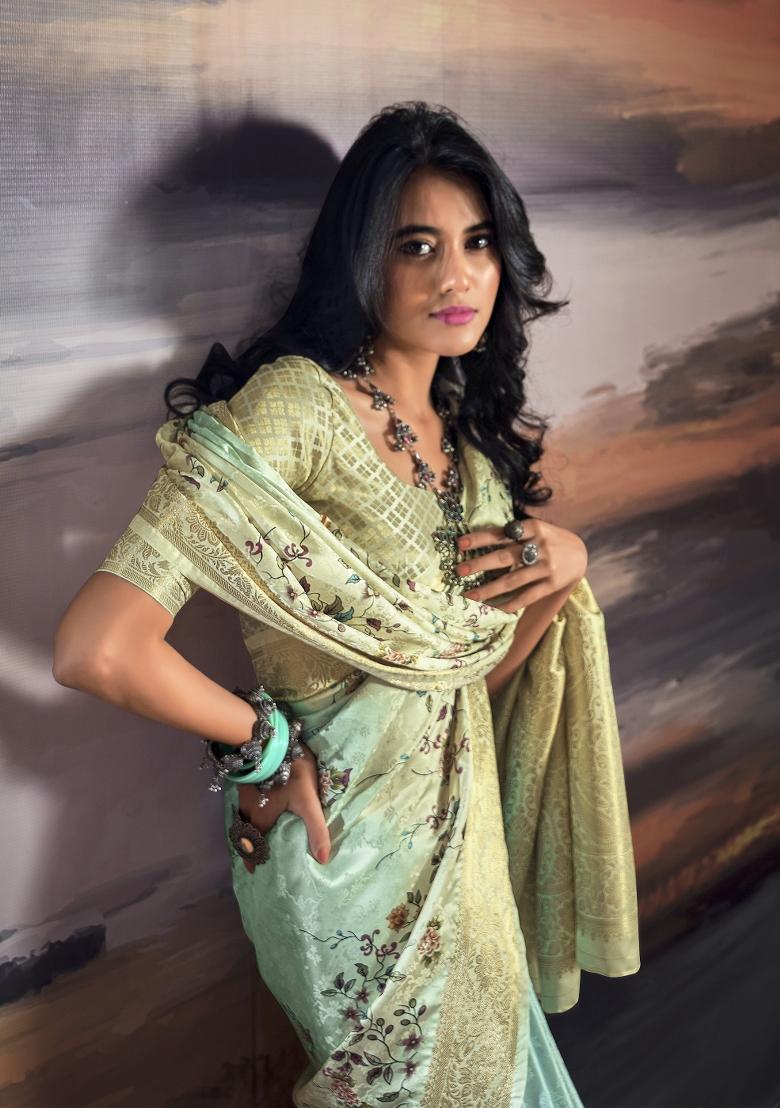 Sea Green Digital Print Satin Saree Set