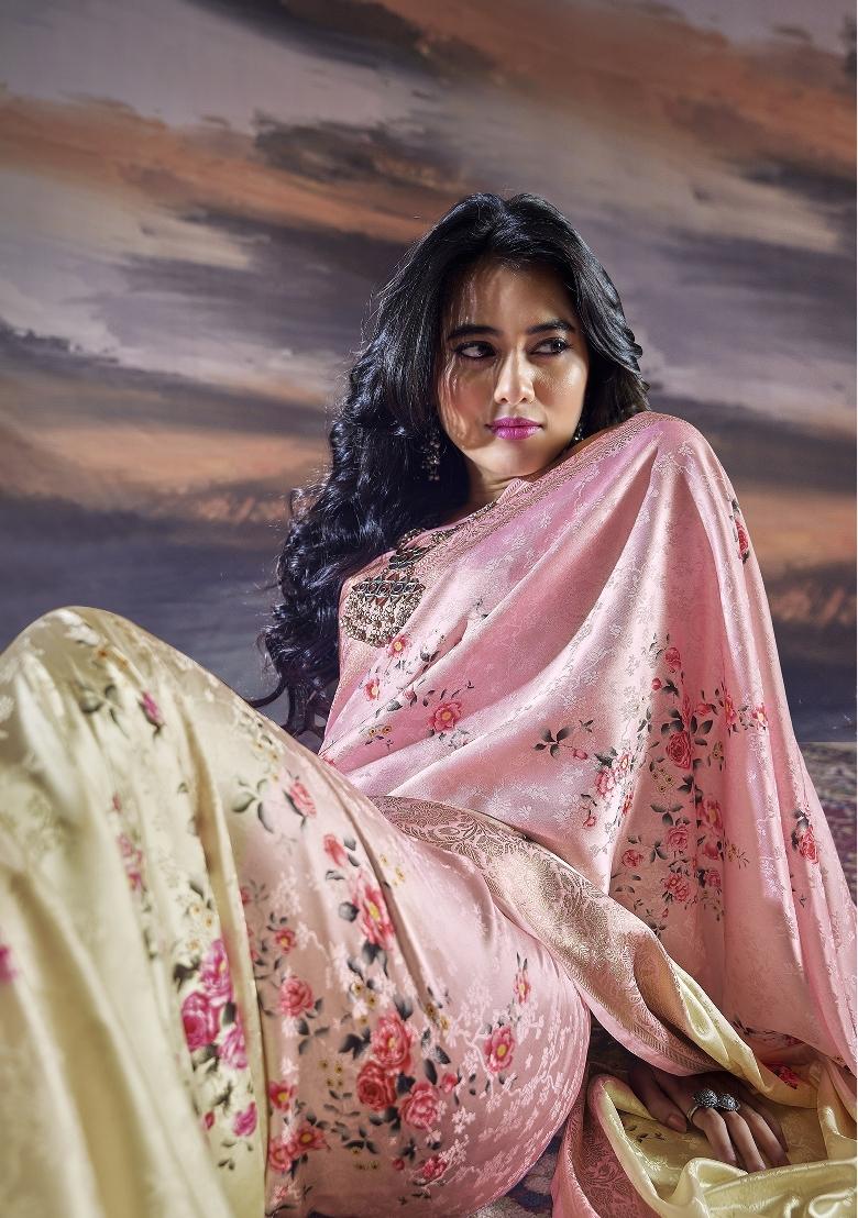 Baby Pink Digital Print Satin Saree Set