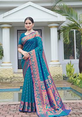 Blue Zari Work Silk Saree Set