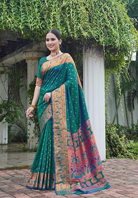 Teal Blue Zari Work Silk Saree Set