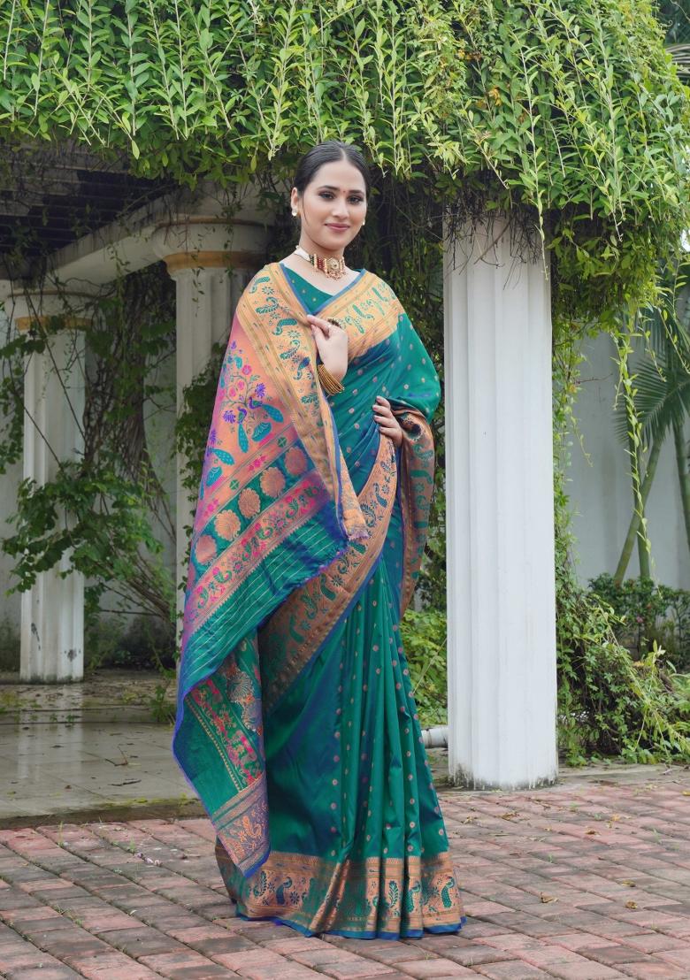 Teal Blue Zari Work Silk Saree Set