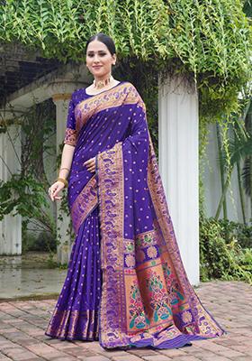 Navy Blue Zari Work Silk Saree Set