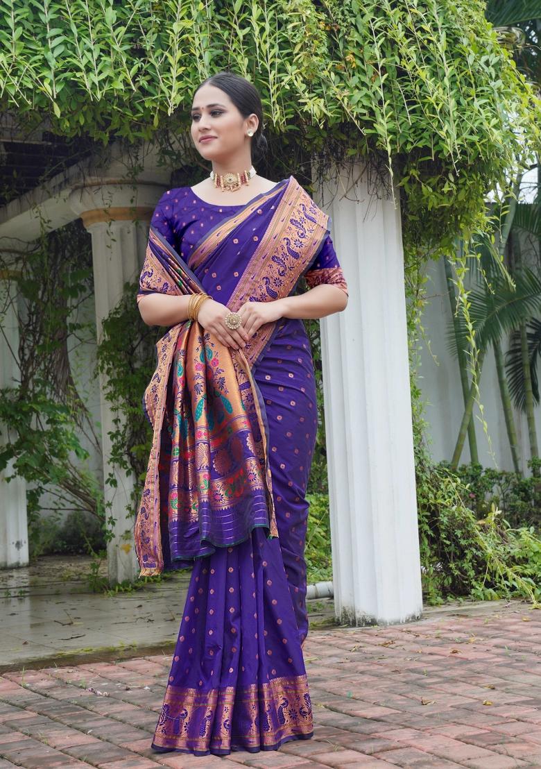 Navy Blue Zari Work Silk Saree Set