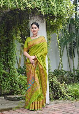 Light Green Zari Work Silk Saree Set