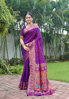 Purple Zari Work Silk Saree Set