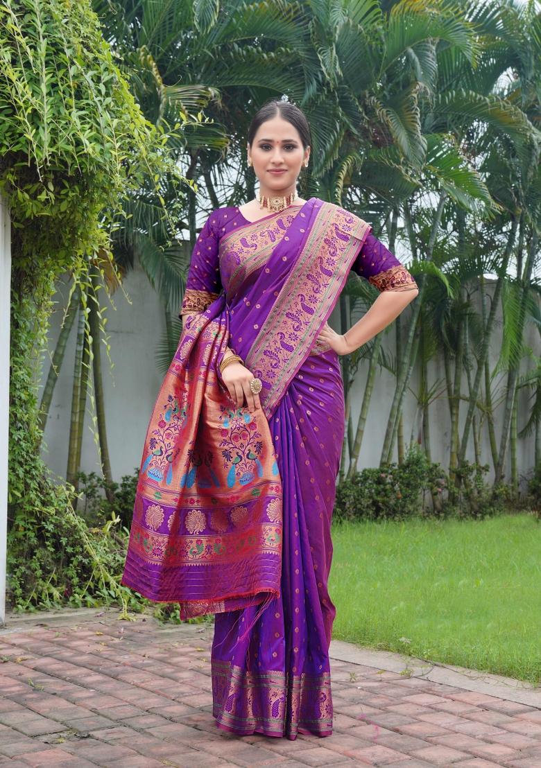 Purple Zari Work Silk Saree Set