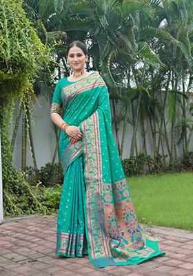 Sea Green Zari Work Silk Saree Set
