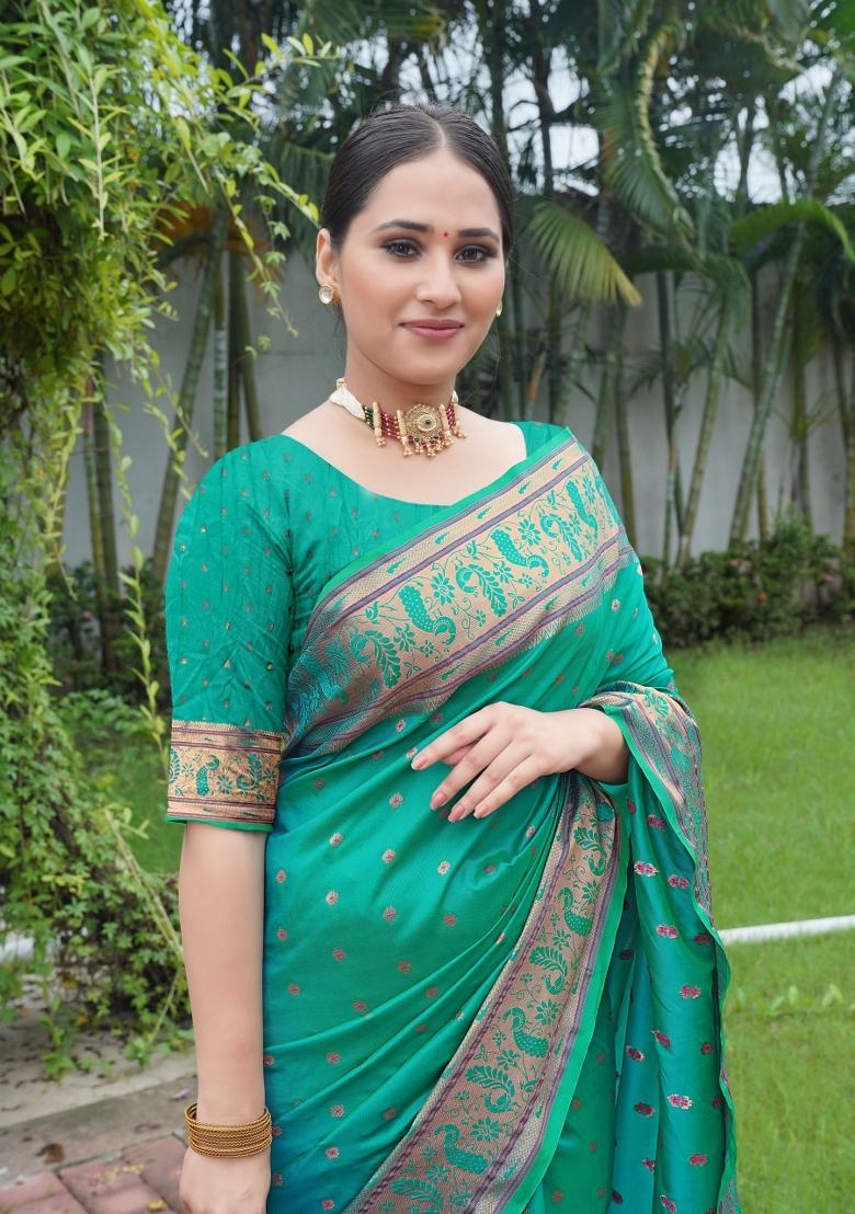 Sea Green Zari Work Silk Saree Set