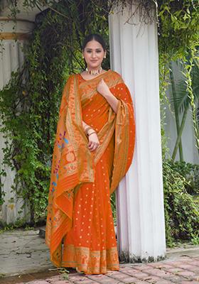 Orange Zari Work Silk Saree Set