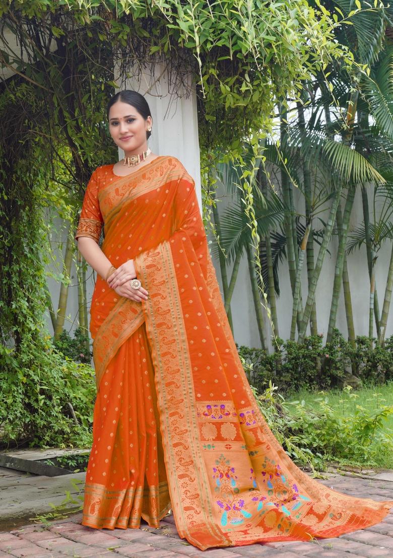 Orange Zari Work Silk Saree Set