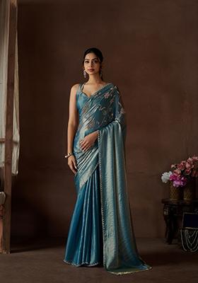 Teal Blue Zarkan Work Silk Saree Set