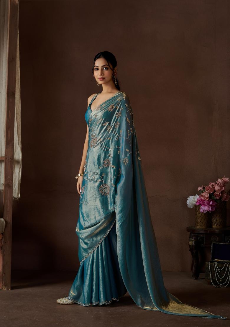 Teal Blue Zarkan Work Silk Saree Set