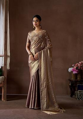Mauve Blue Zarkan Work Silk Saree Set