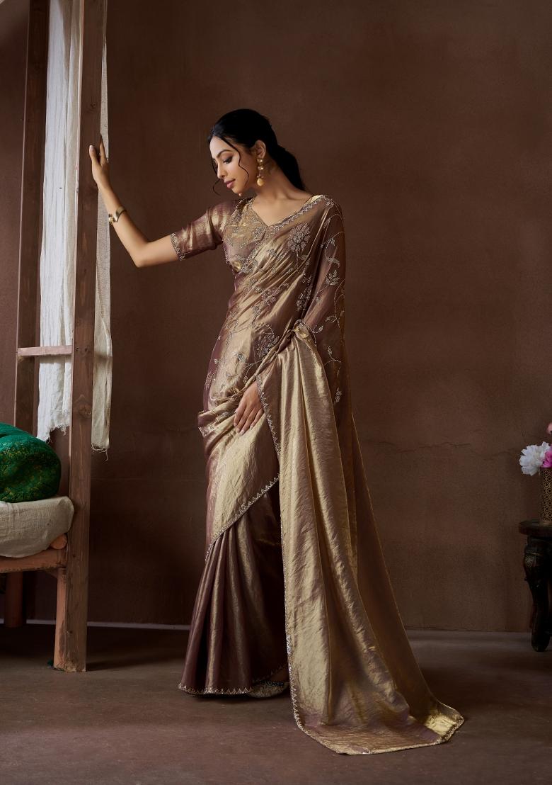 Mauve Blue Zarkan Work Silk Saree Set