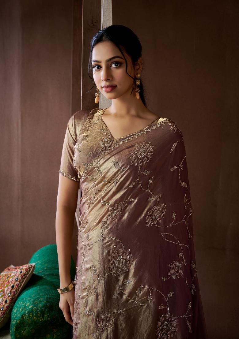 Mauve Blue Zarkan Work Silk Saree Set