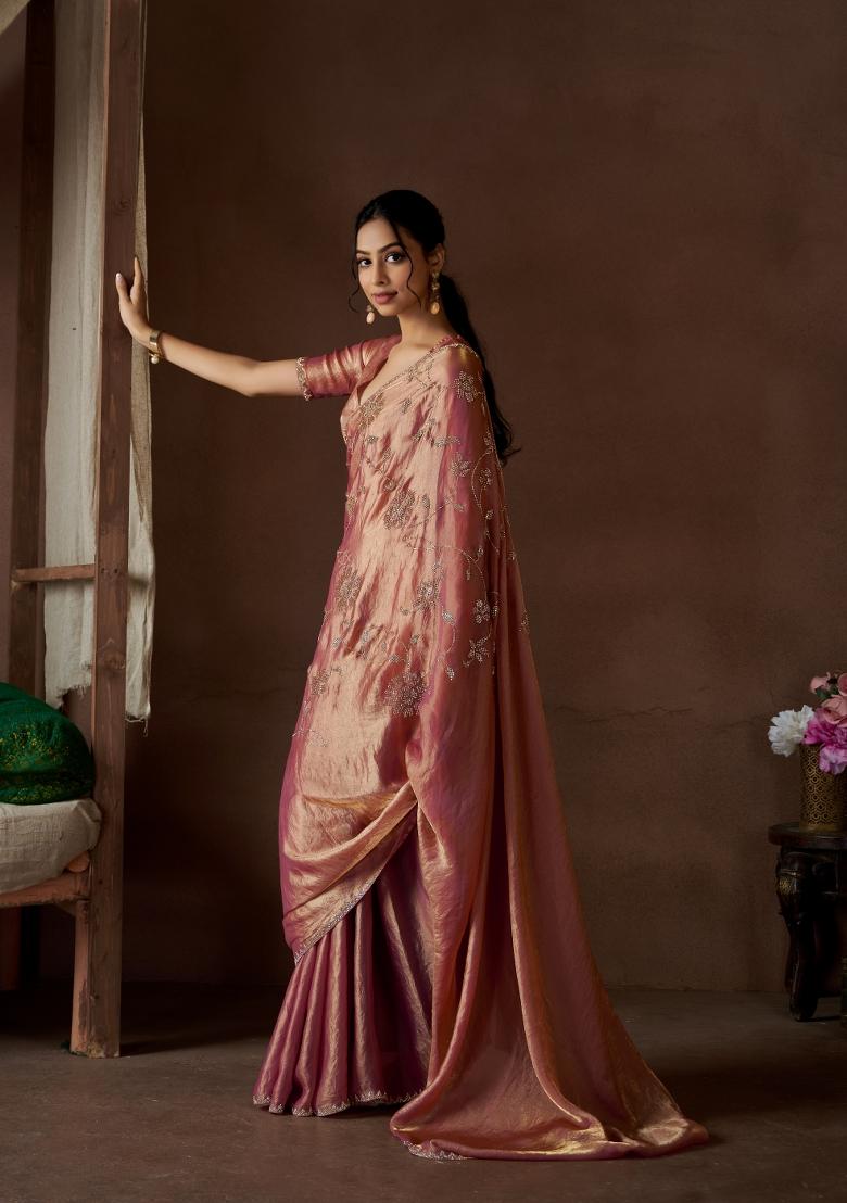 Pink Zarkan Work Silk Saree Set