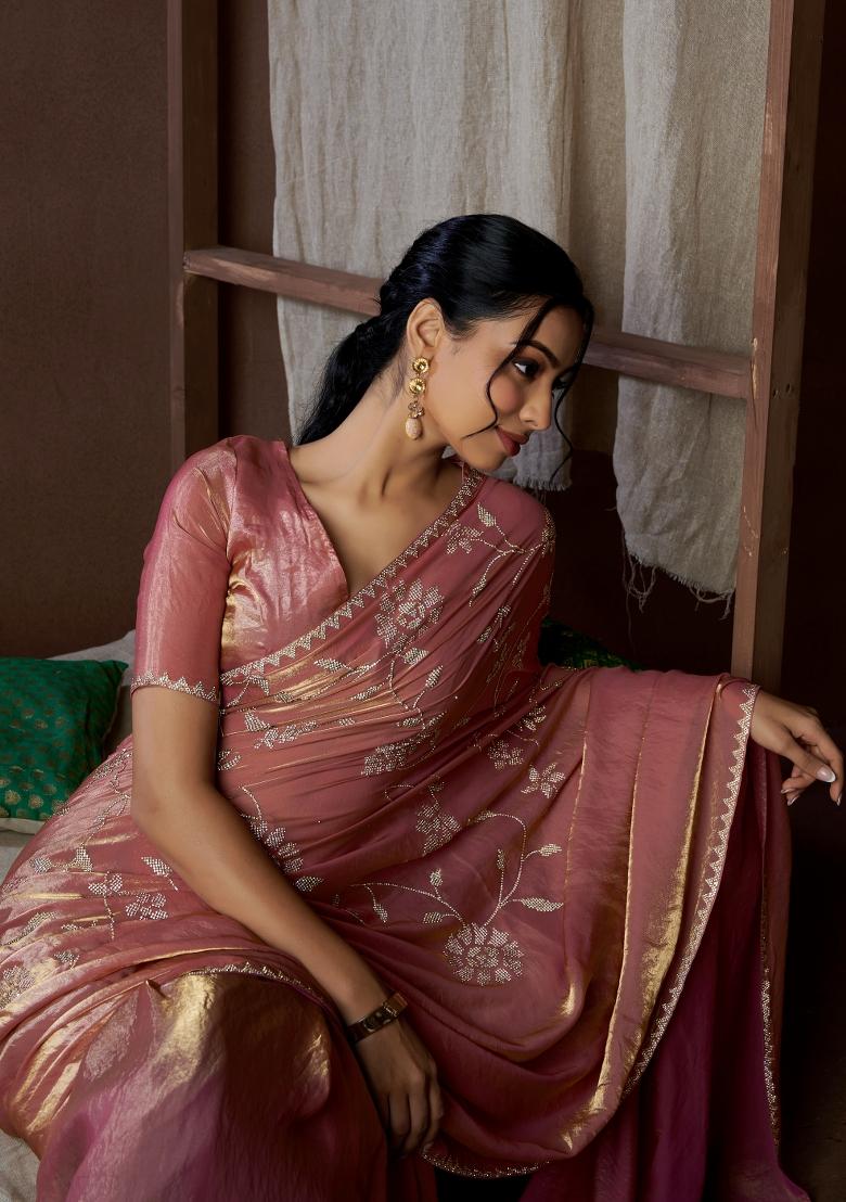 Pink Zarkan Work Silk Saree Set