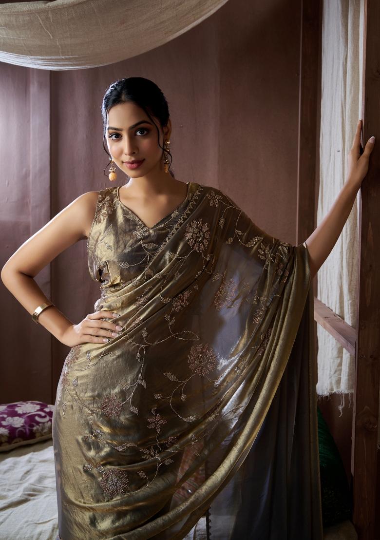 Metallic Zarkan Work Silk Saree Set