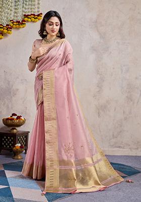 Pink Zari Work Satin Saree Set