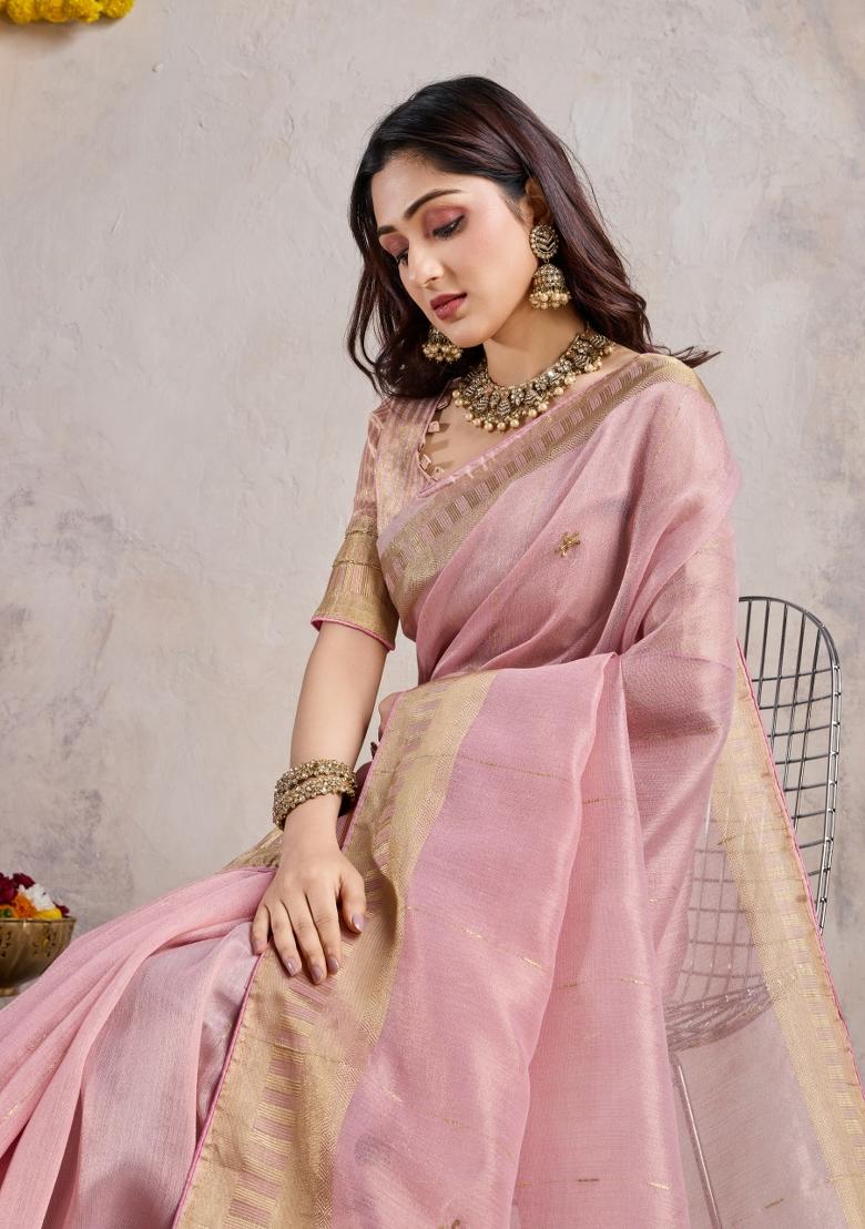 Pink Zari Work Satin Saree Set