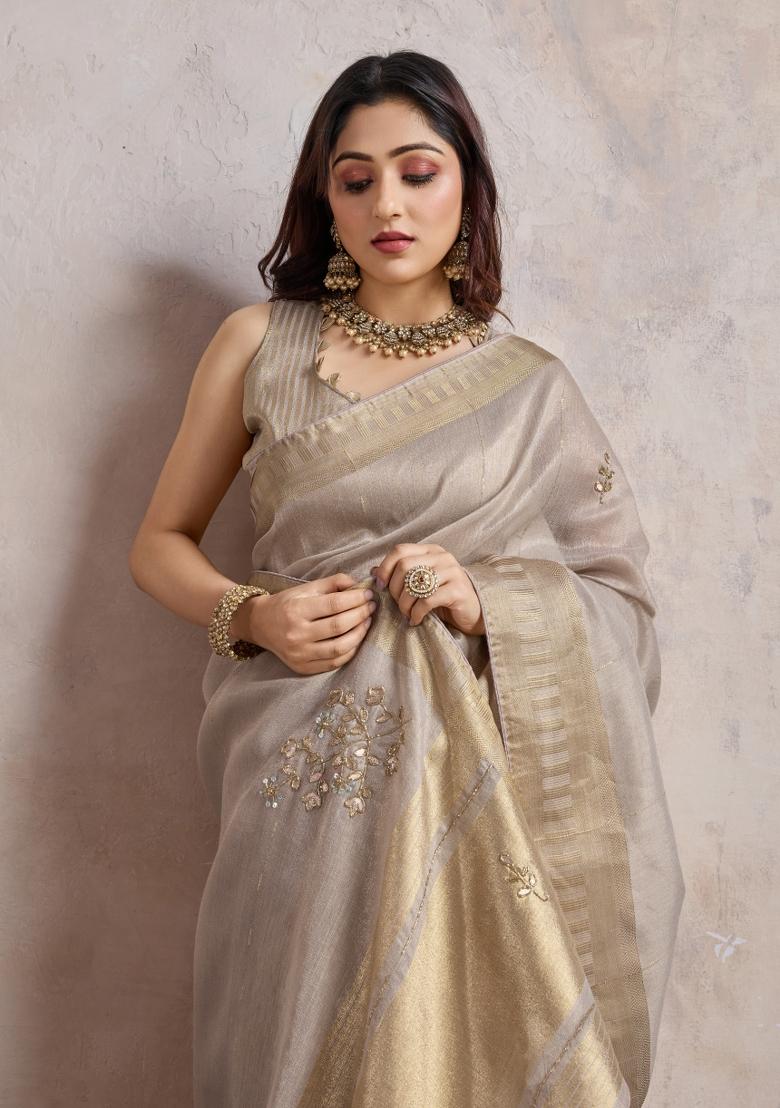 Bronze Zari Work Satin Saree Set
